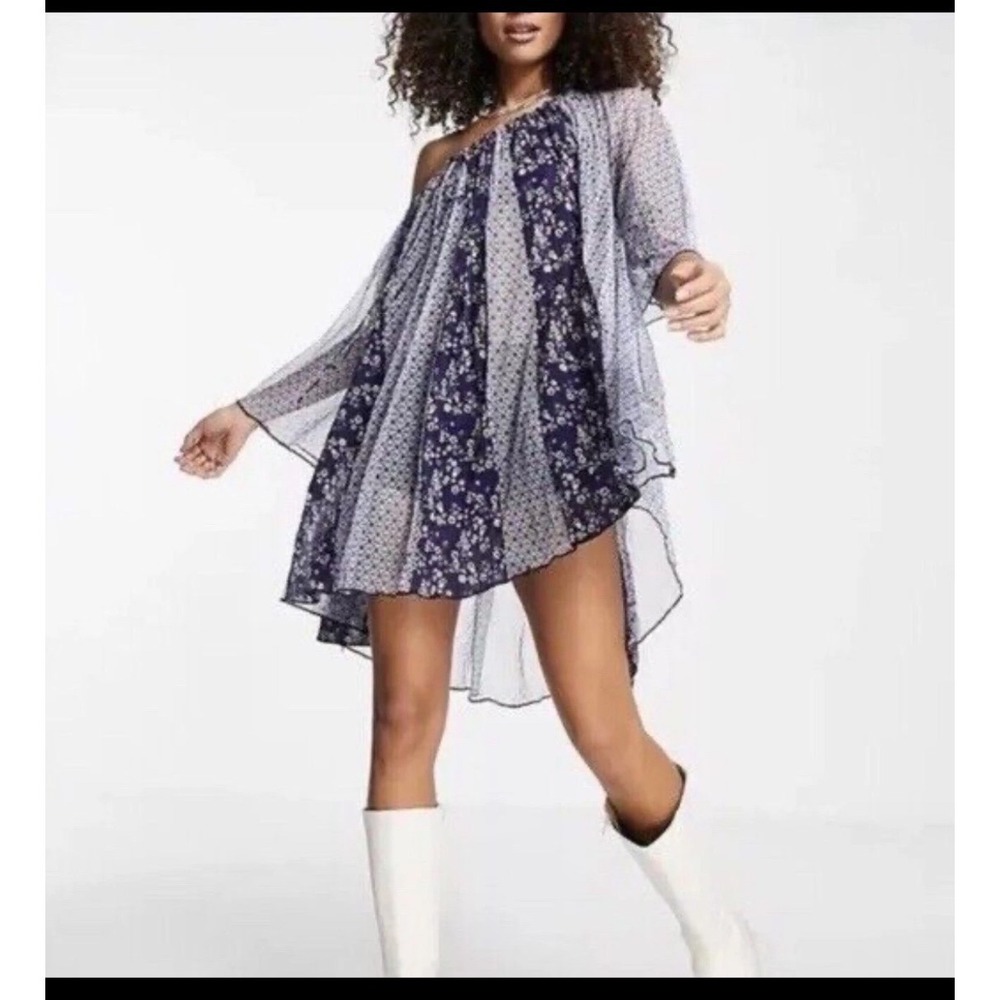 Free People Patchwork Floral  Boho Mesh Off the Shoulder Tunic Top Size S Fairy